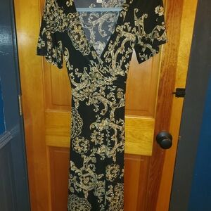 Donna Morgan Baroque Print Black and Gold Midi Dress